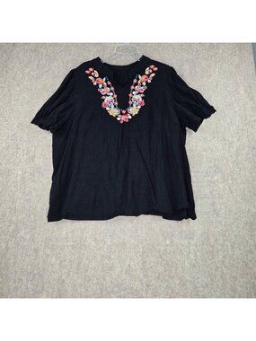 Black Womens 4XL Top Embroidered Boho Style Short Sleeves Cotton Pre-Owned